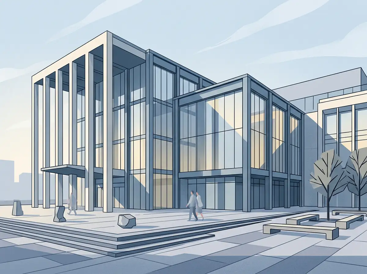 Symbolische Darstellung eines Gerichtsgebäudes in Luxemburg mit EU-Flaggen und Säulenfassade