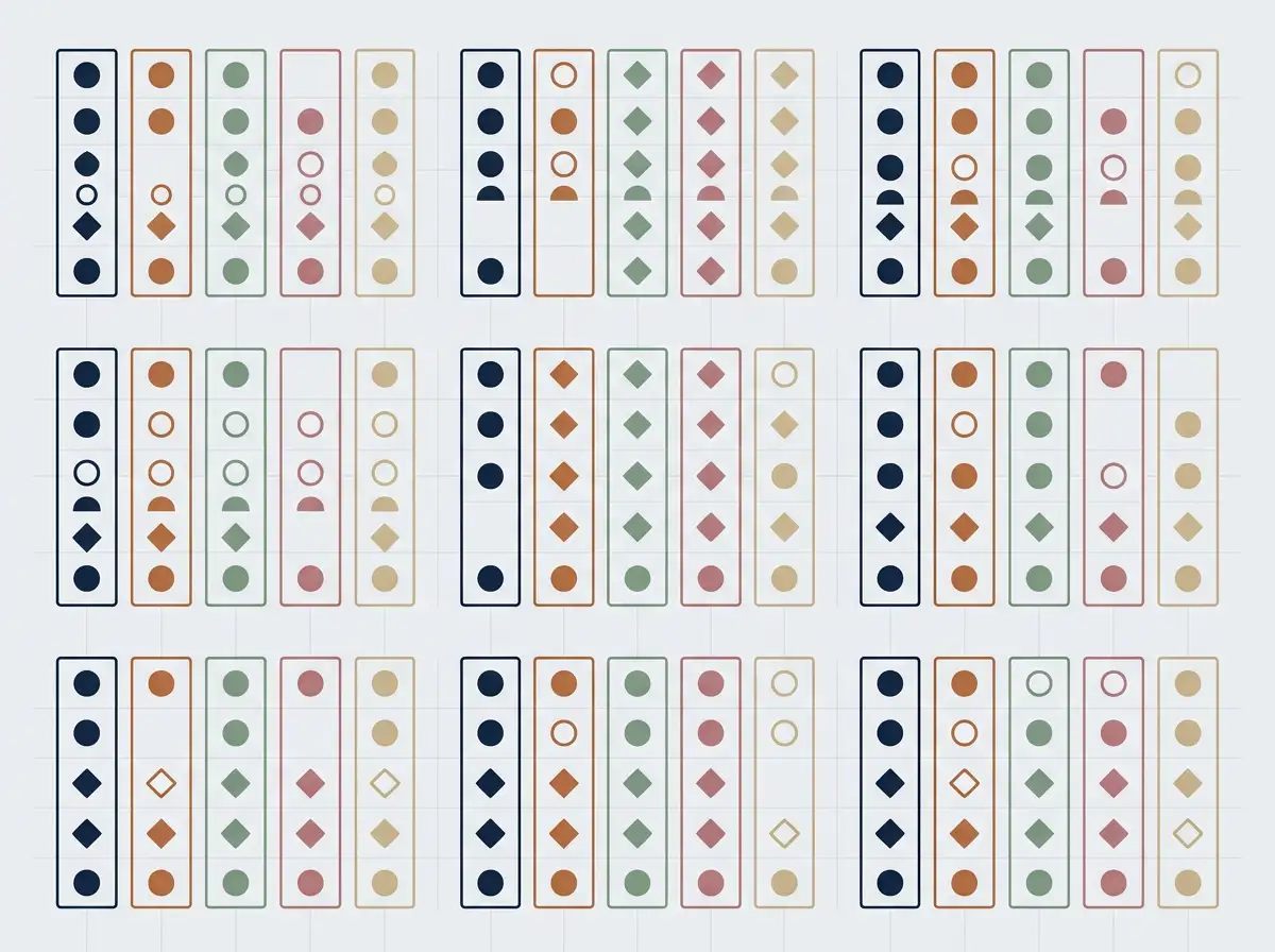 Schematische Vergleichsmatrix der fünf Glücksspiellizenzregime mit unterschiedlichen Marker-Symbolen