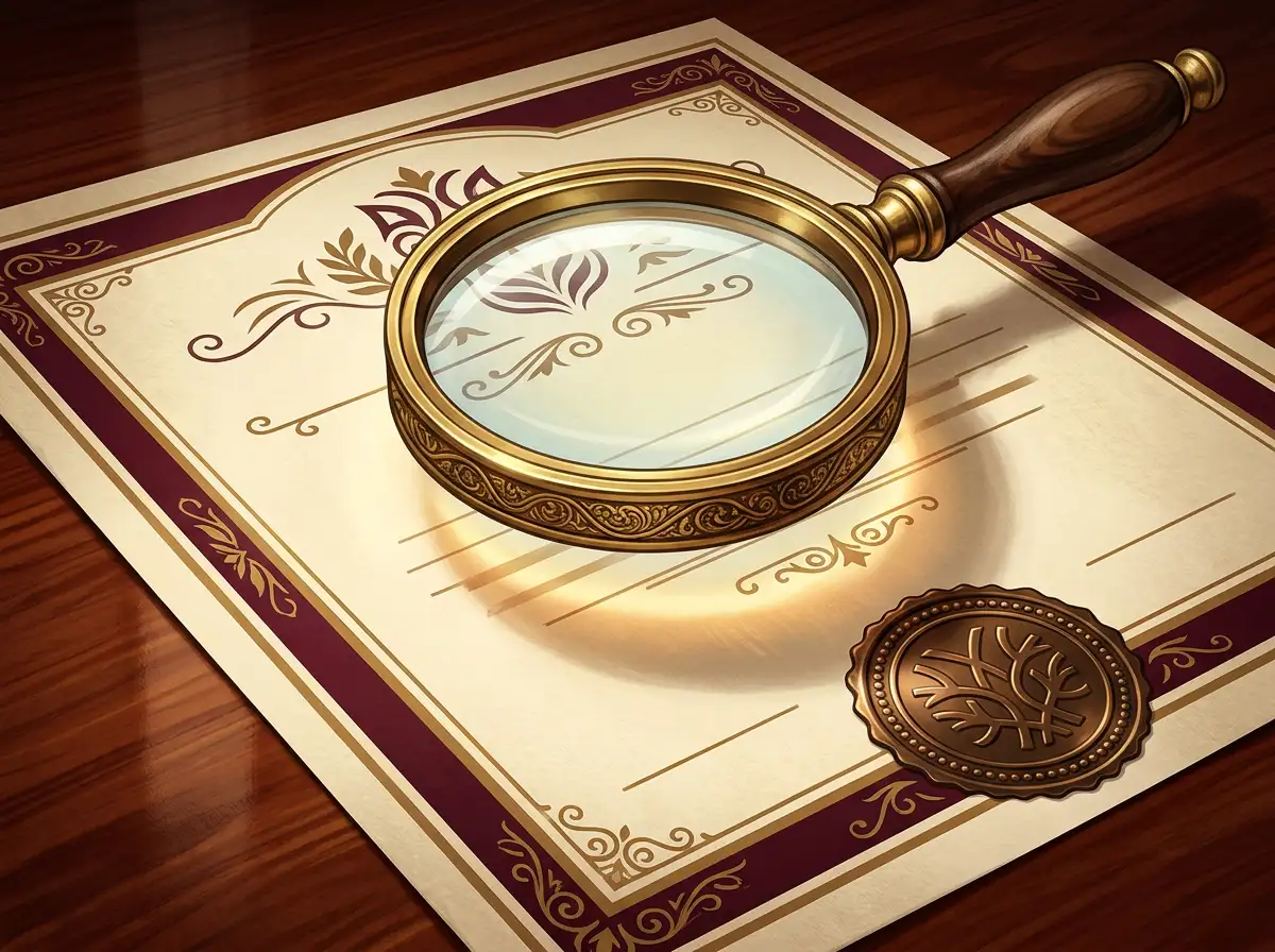 Stilisierte Darstellung einer Lizenznummern-Verifikation mit Lupe und behördlichem Register-Symbol