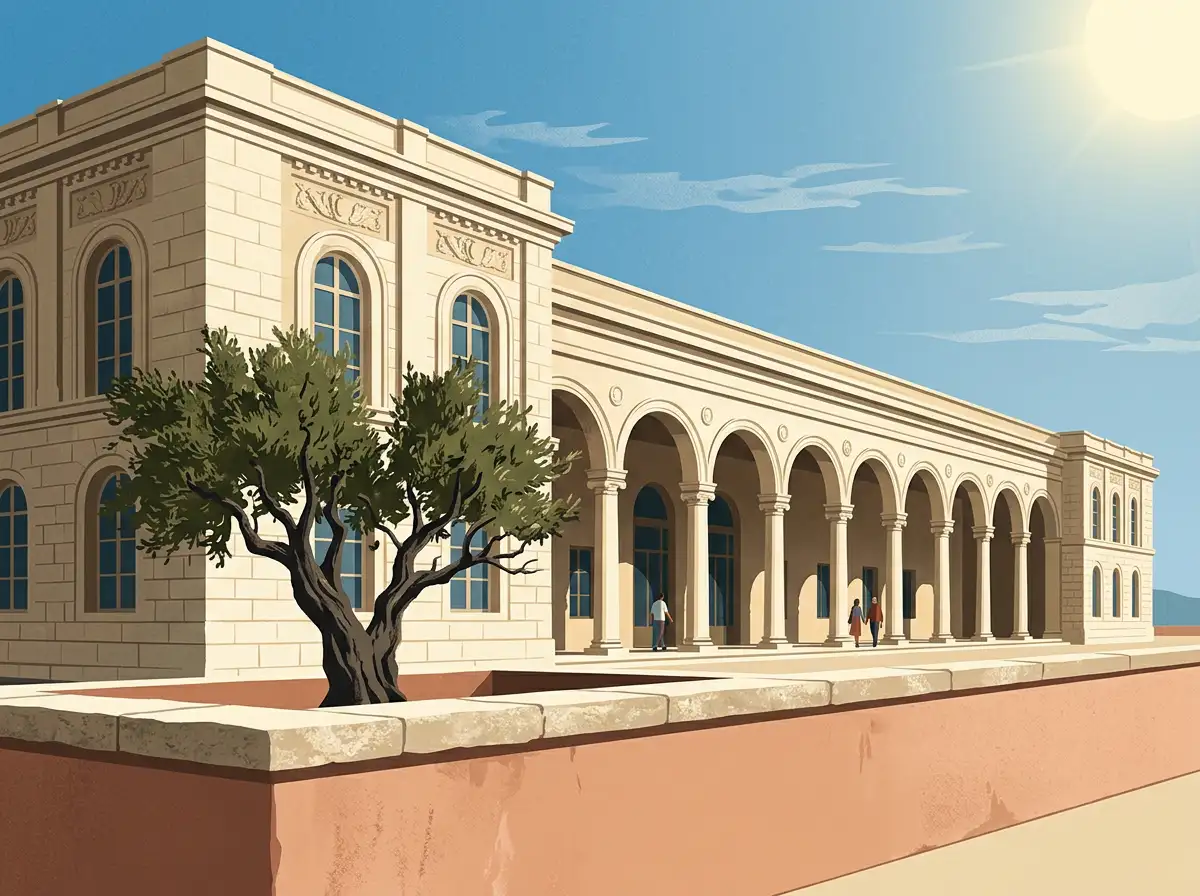 Stilisierte Darstellung eines mediterranen Verwaltungsgebäudes mit Säulenfassade und einer dezenten Aufsichtsbehörden-Symbolik