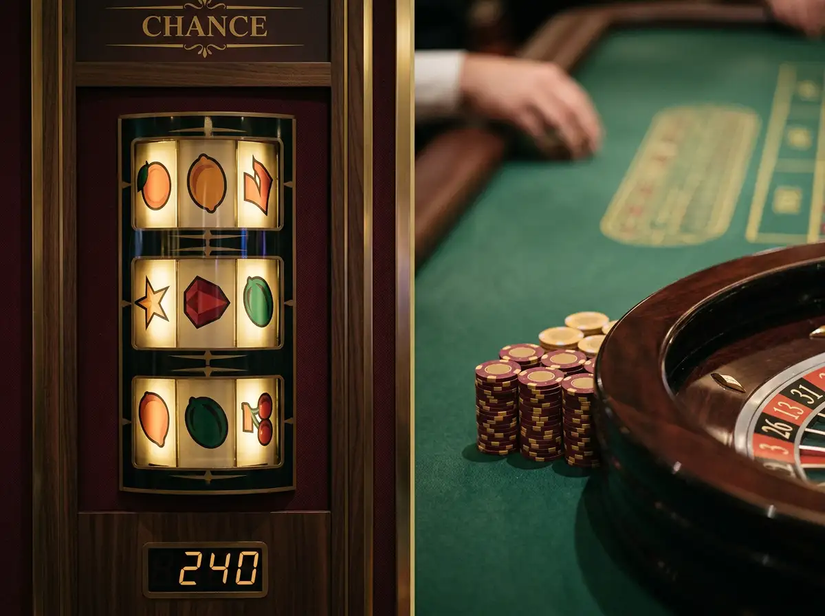 Grafische Gegenüberstellung von virtuellen Automatenspielen und klassischen Tischspielen wie Roulette und Blackjack