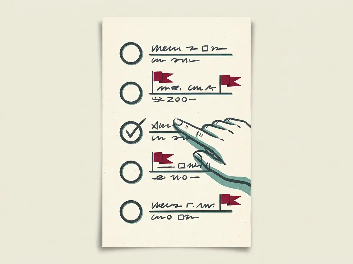 Symbolische Darstellung von Warnsignalen mit roten Markern auf einer Checkliste